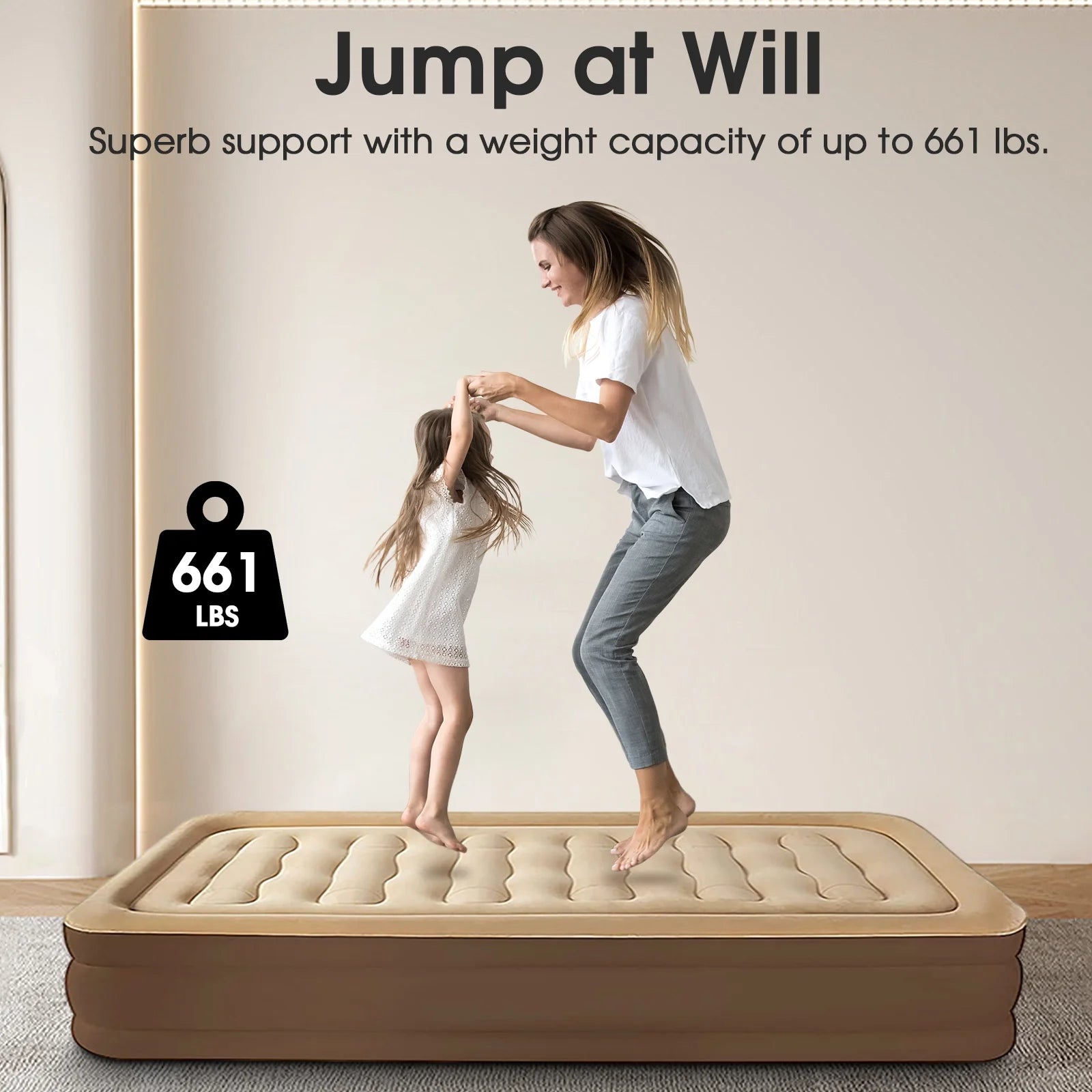 19In Queen Air Mattress, Inflatable Airbed with Pump for Guest Home Camping Travel, 661Lb Max,Coffee