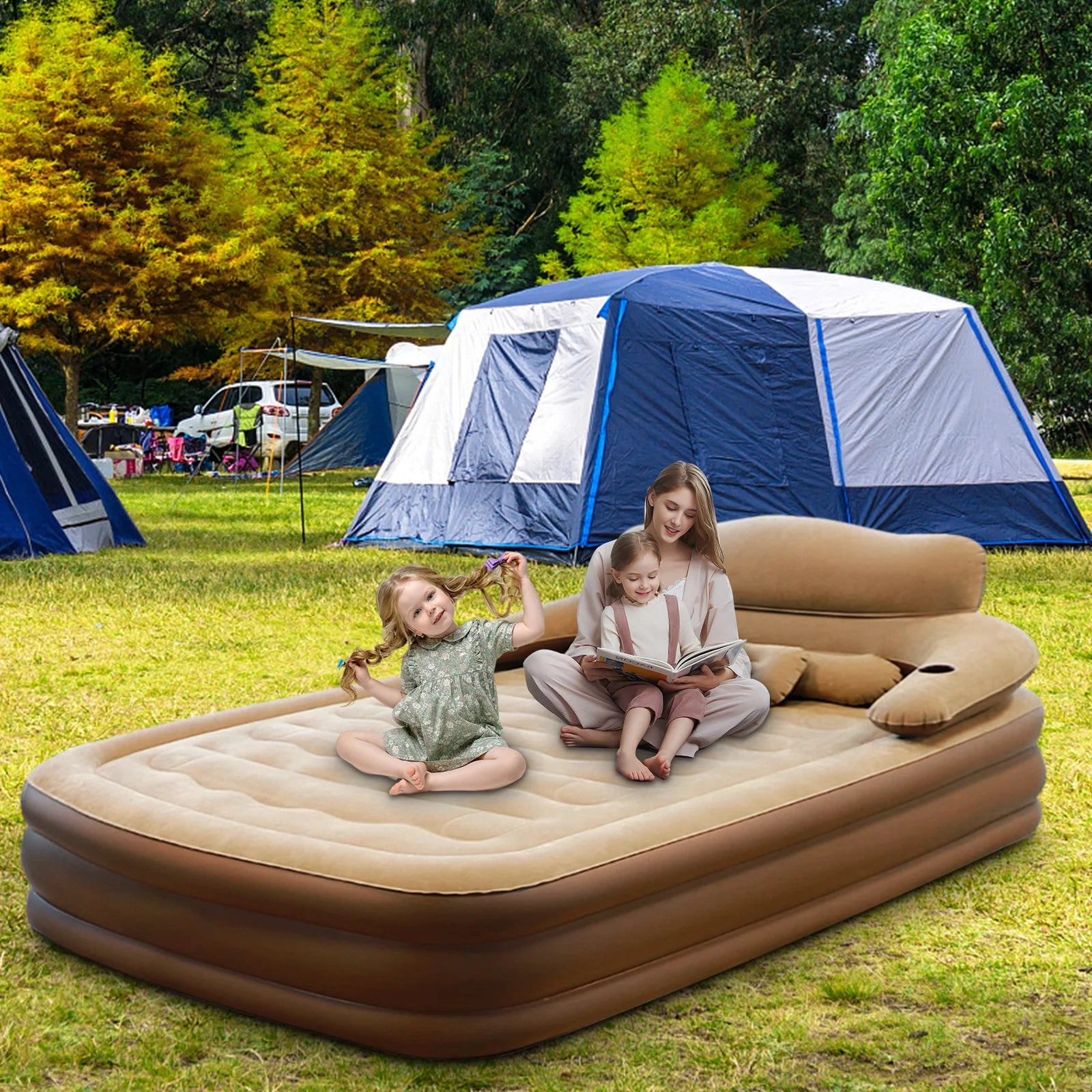 19In Queen Air Mattress, Inflatable Airbed with Pump for Guest Home Camping Travel, 661Lb Max,Coffee