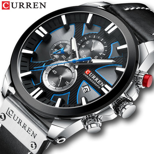 CURREN Watch Chronograph Sport მამაკაცის საათები, კვარცის საათი, ტყავის მამაკაცის მაჯის საათი, Relogio Masculino, მოდური საჩუქარი მამაკაცებისთვის 