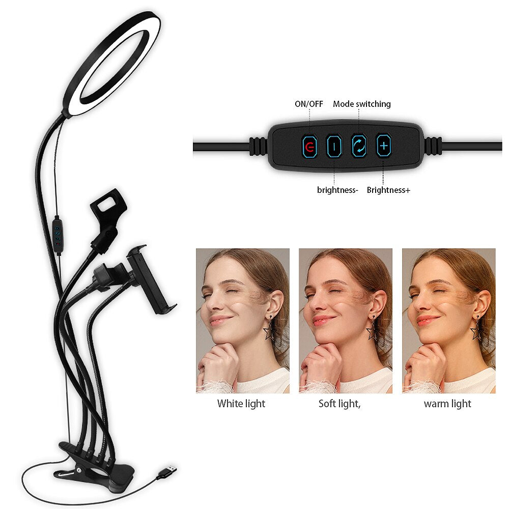 8 დიუმიანი LED რგოლისებრი განათების ნაკრები მაკიაჟის გაკვეთილისთვის YouTube ვიდეო პირდაპირი ტრანსლაცია iPad-ისთვის მიკროფონის ტელეფონის დამჭერი სელფის სილამაზის რგოლისებრი განათებისთვის