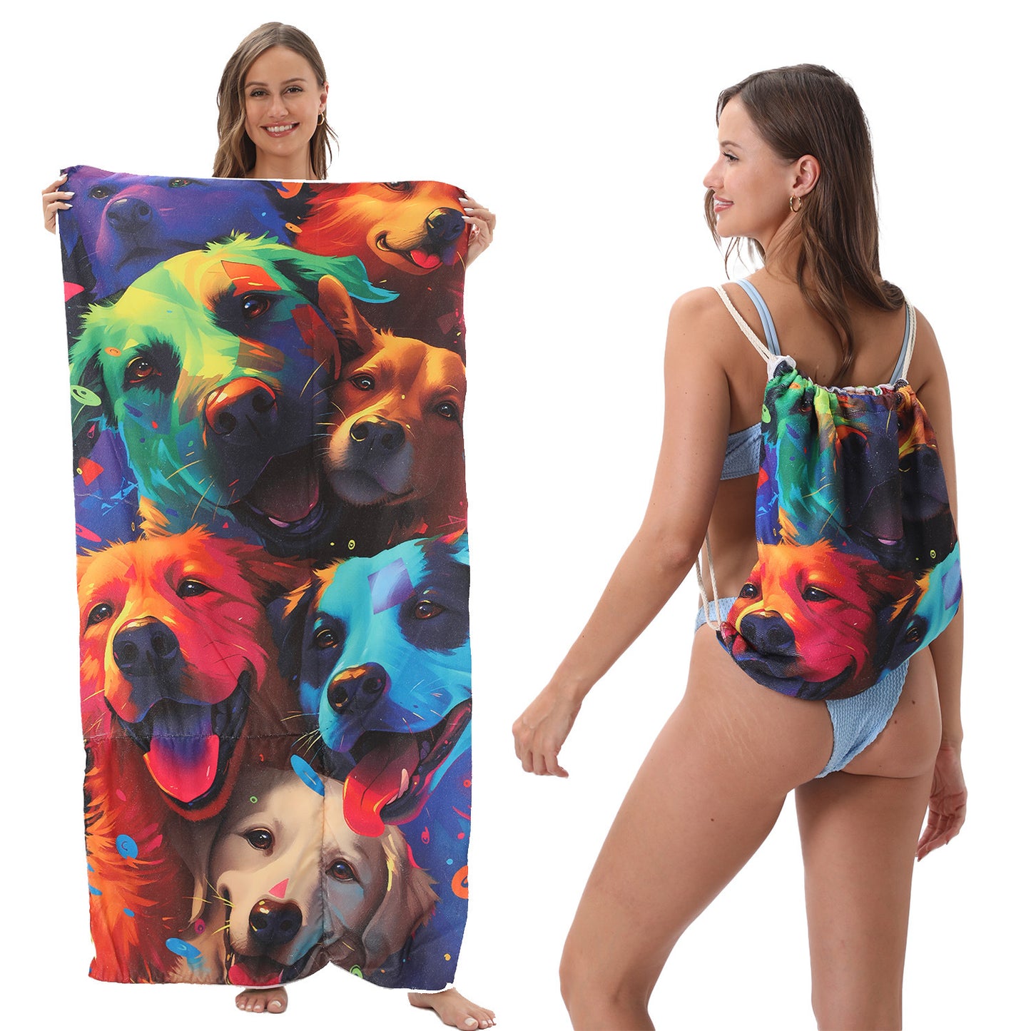 Two-in-One Foldable Beach Towel Printed Bath Towel All-In-One Beach Towel with Storage Bag