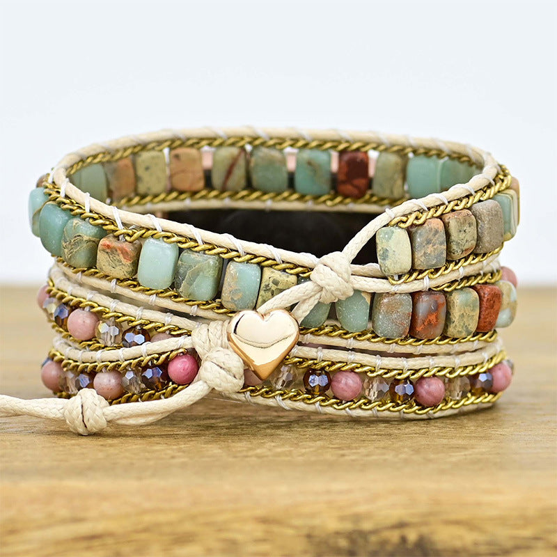 ნატურალური ქვის სამაჯური, 3 ფენიანი დახვევადი Apple Watch-ის სამაჯური, ქვის მძივებით ნაქსოვი სამაჯური