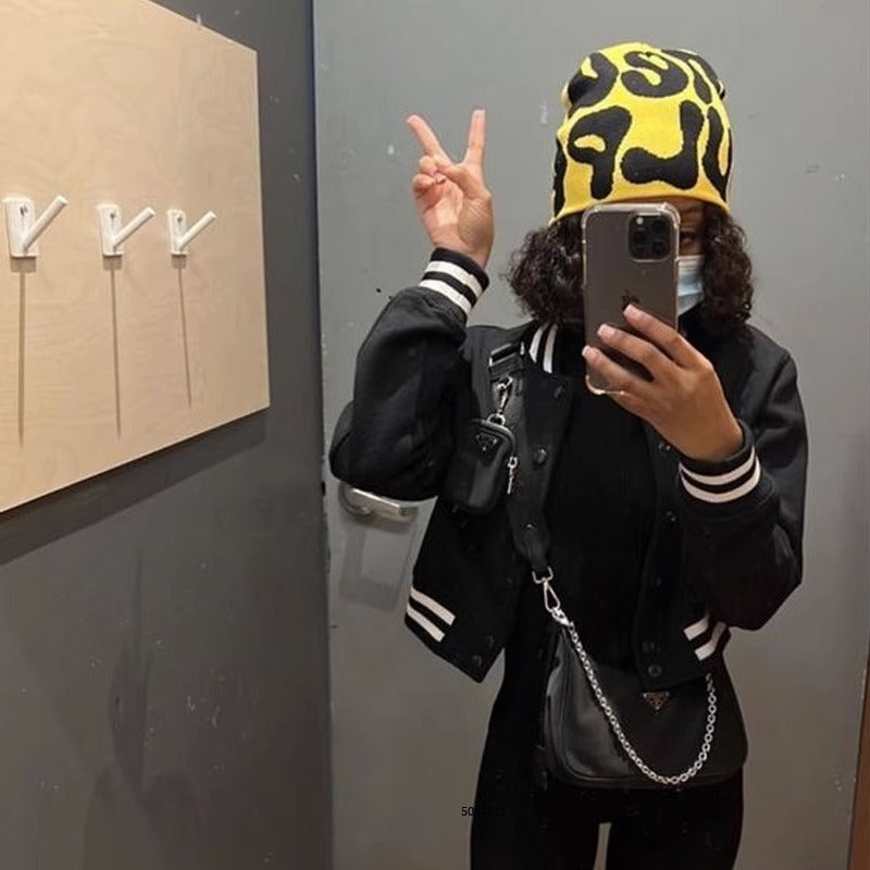 ლობიოს ქუდი კონტრასტული კანფეტის ფერის შალის ქუდი ნაქსოვი ქუდი ცივი ქუდი Beanie წყვილის ქუჩა