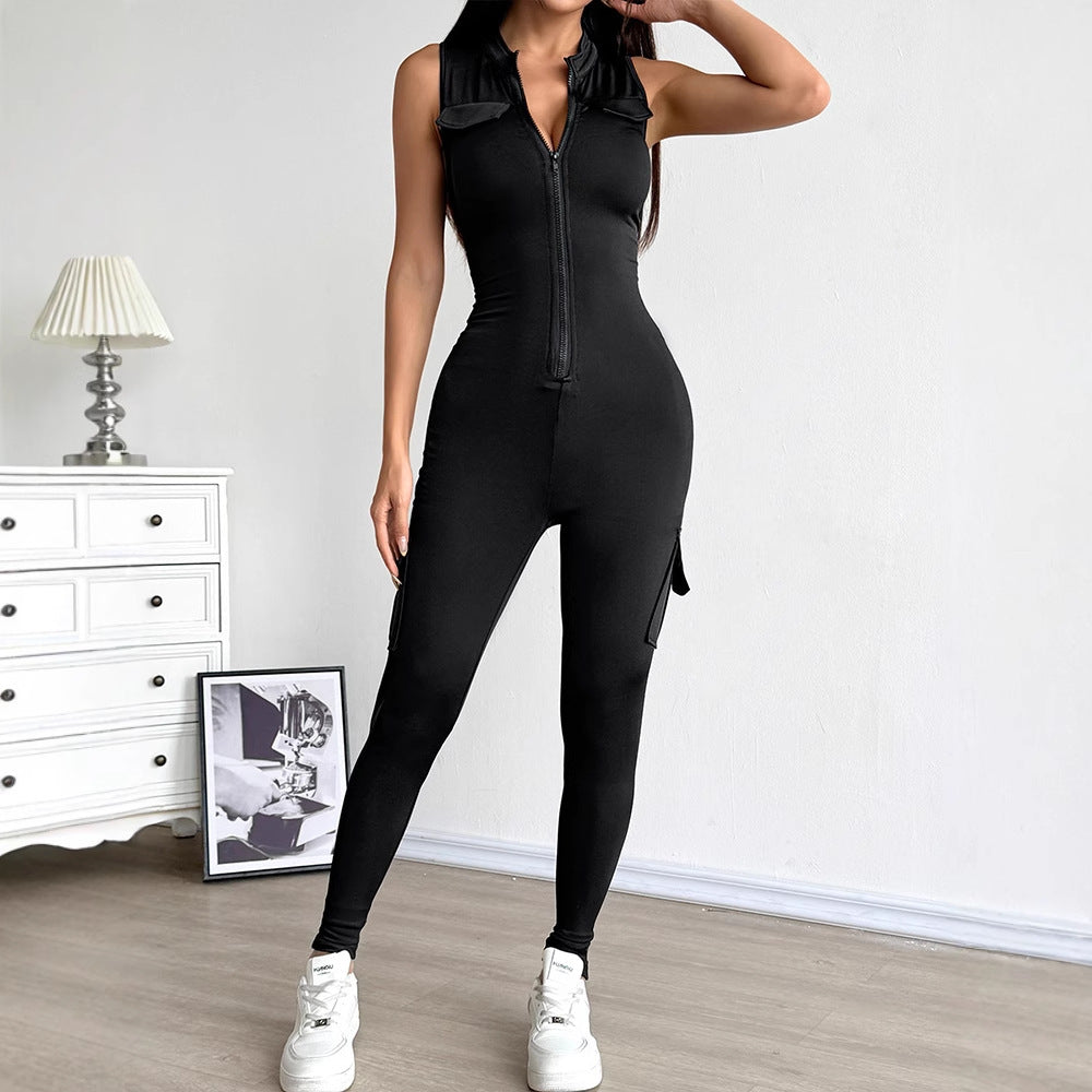 Sexy Fitted Zipper High-Waist Pocket Sports Jumpsuit for Women