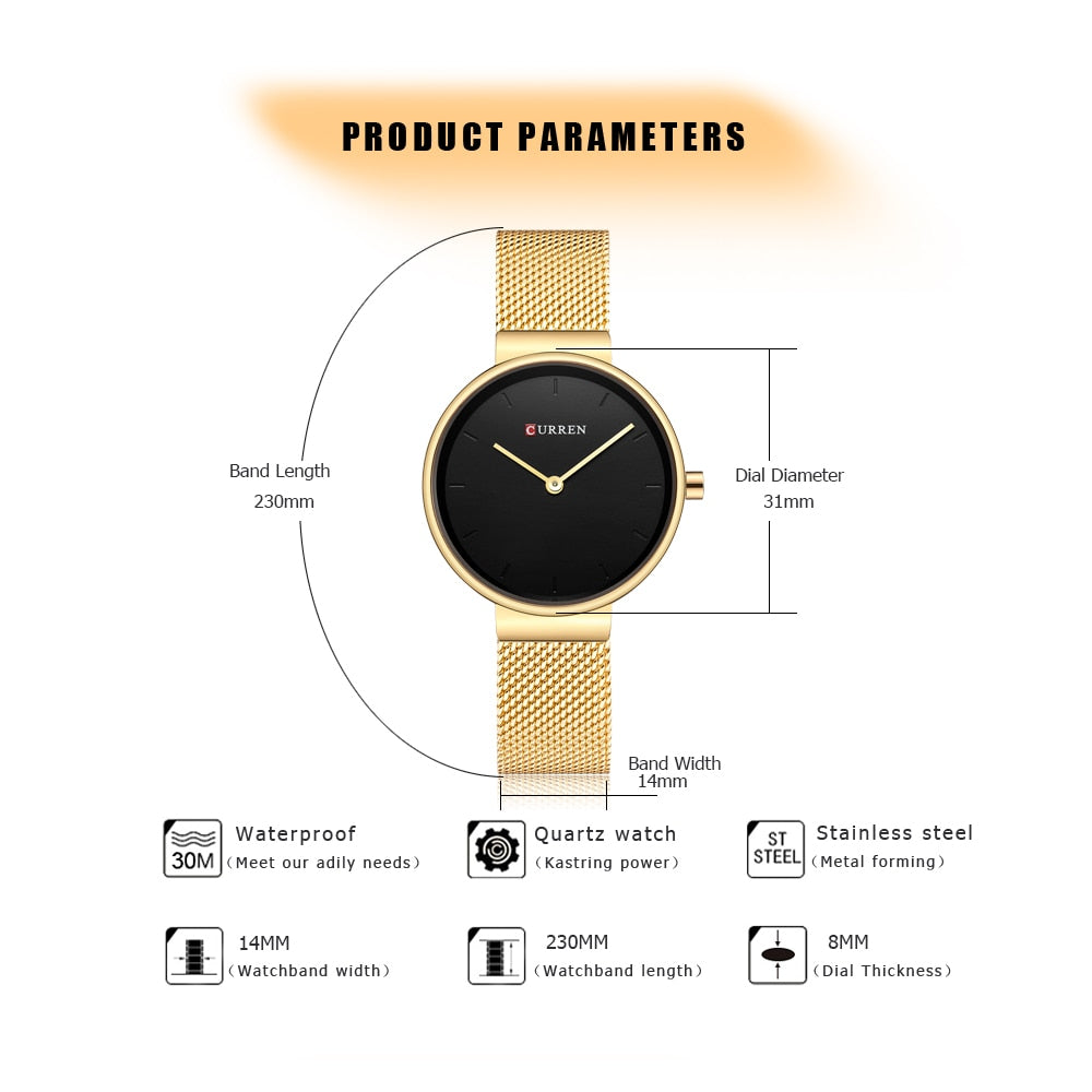CURREN 9016 მოდური ლურჯი ქალის საათი, ბადისებრი უჟანგავი ფოლადის კვარცის საათი, ქალის ფუფუნების მარტივი მაჯის საათი, ანალოგური ქალის საათი 