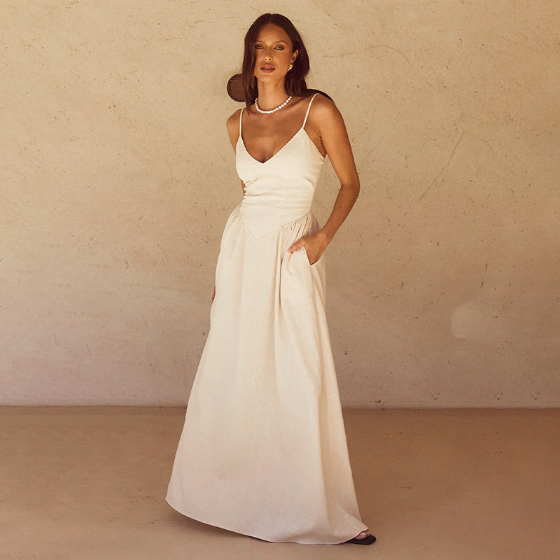 ღრმა V-სტილის, ზურგგახსნილი, ერთფეროვანი, A-კლასის გრძელი კაბა 