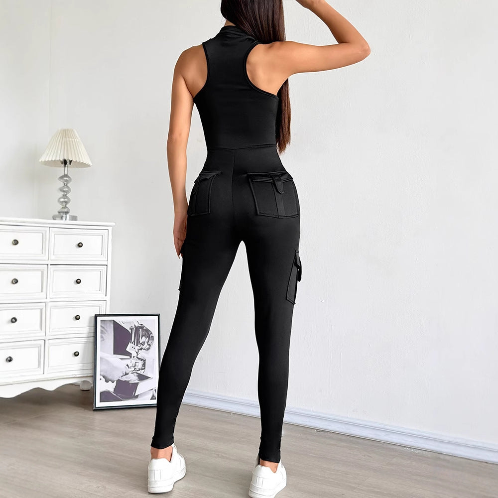Sexy Fitted Zipper High-Waist Pocket Sports Jumpsuit for Women