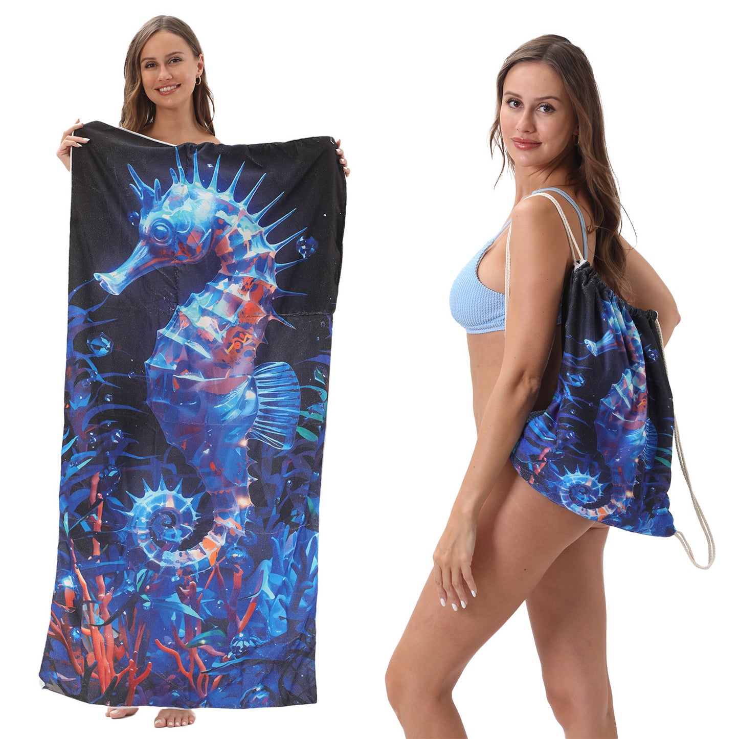 Two-in-One Foldable Beach Towel Printed Bath Towel All-In-One Beach Towel with Storage Bag