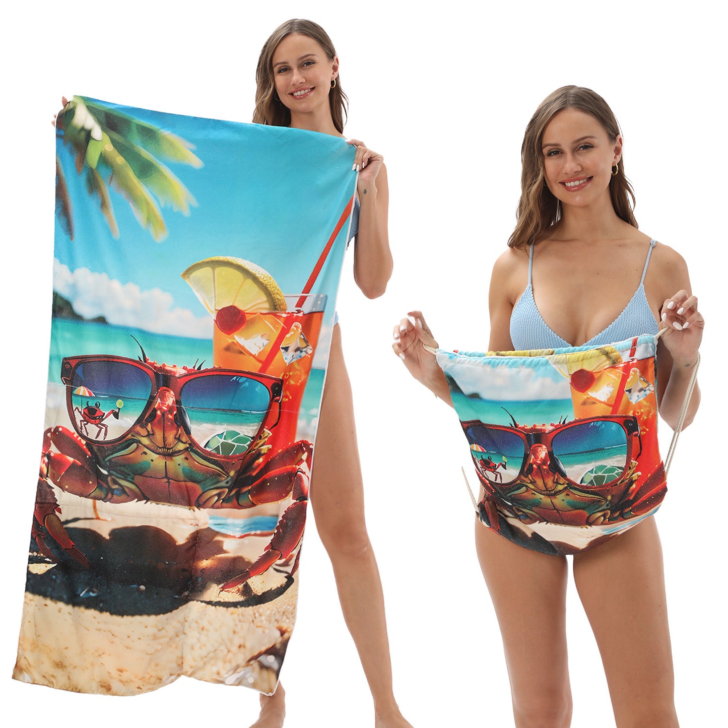 Two-in-One Foldable Beach Towel Printed Bath Towel All-In-One Beach Towel with Storage Bag