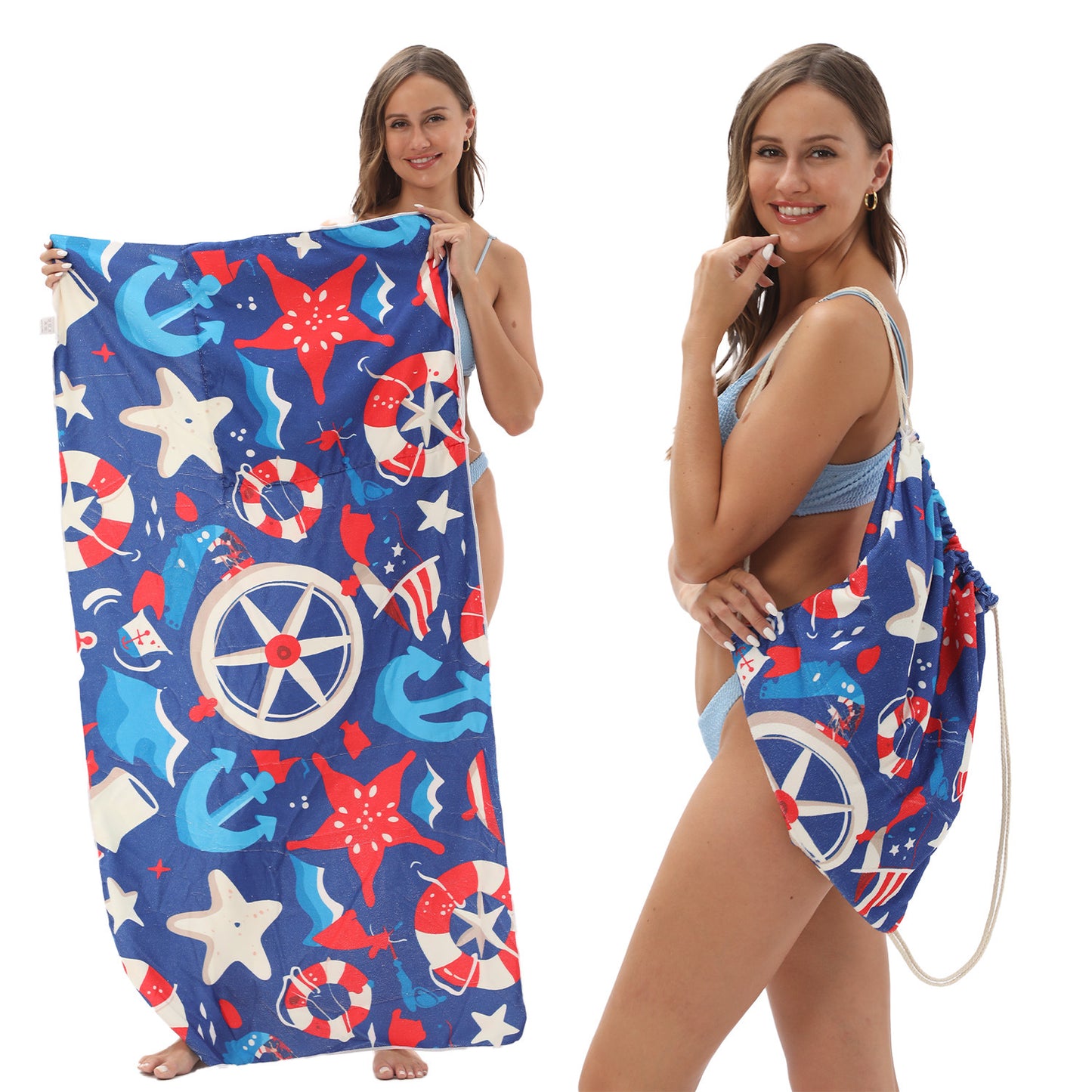 Two-in-One Foldable Beach Towel Printed Bath Towel All-In-One Beach Towel with Storage Bag