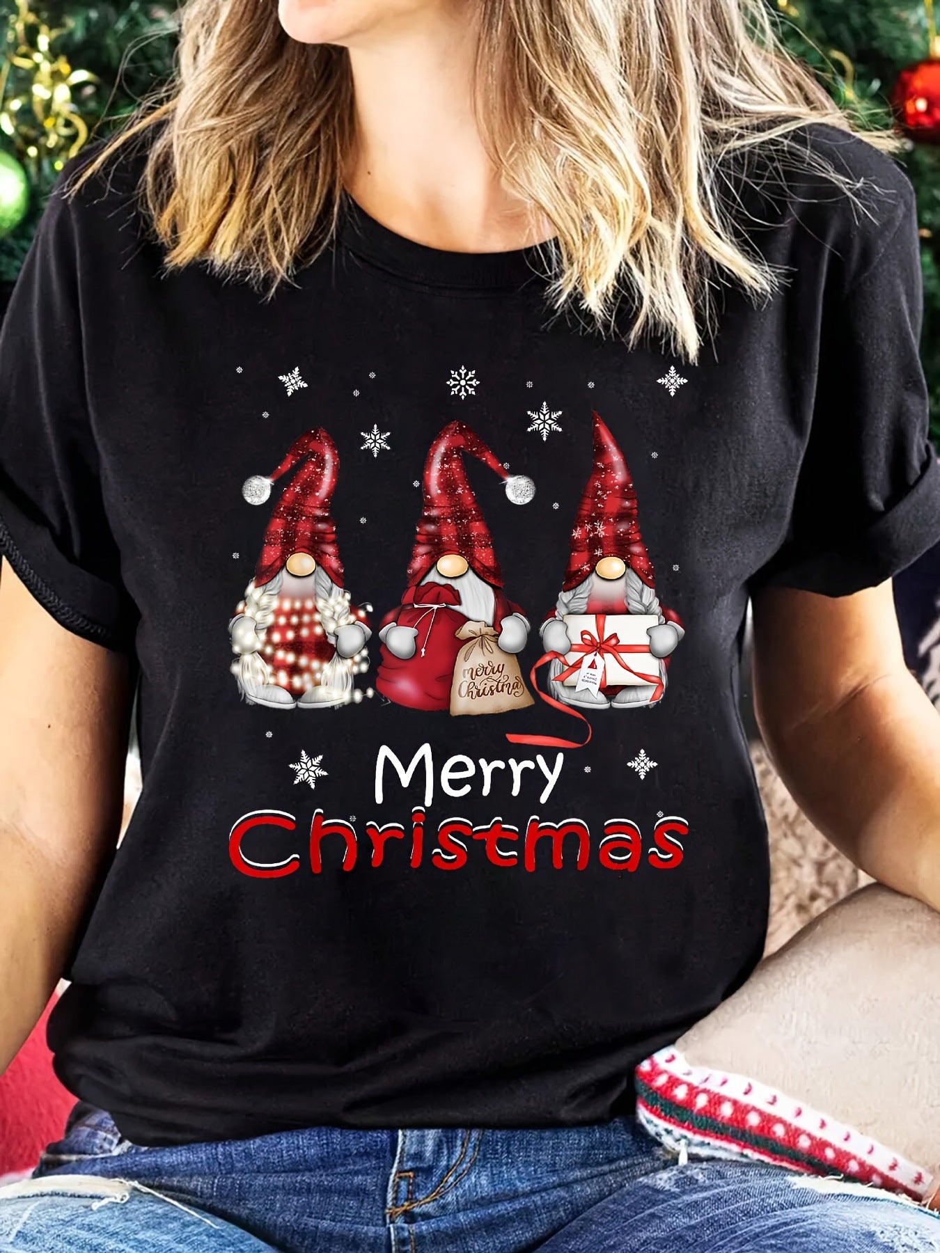 Women's Christmas Gnome Pattern Printed Short Sleeve T-Shirt Round Neck Casual Top Black Red White