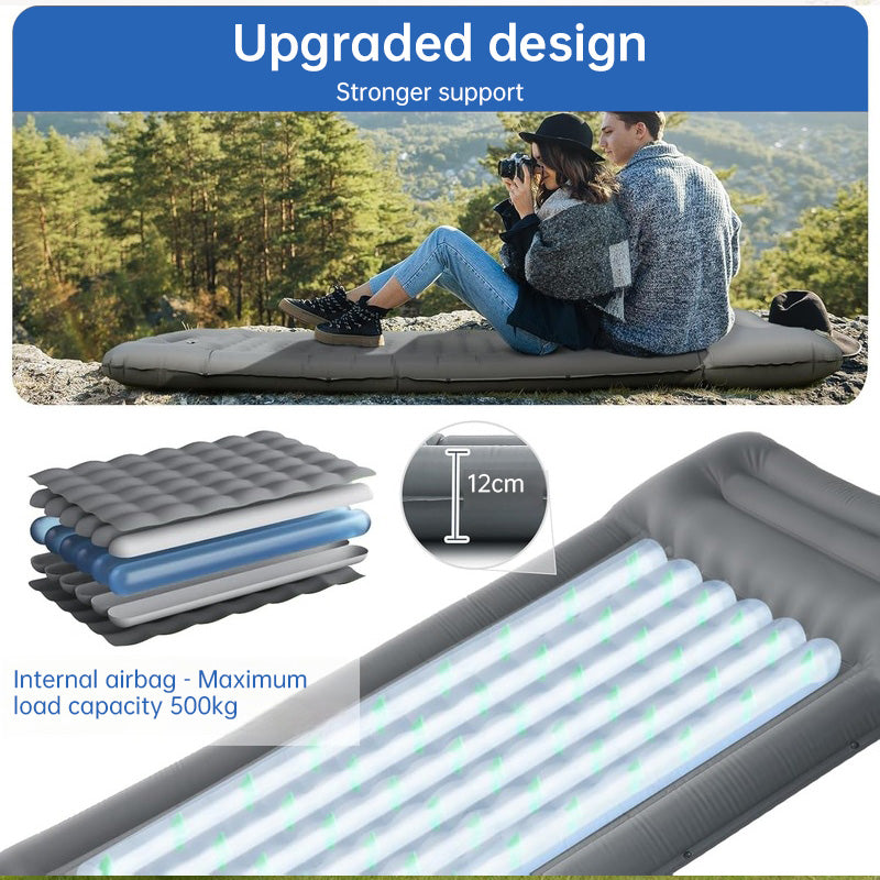 გარე გამოყენებისთვის, გასქელებული, თვითგასაბერი საკემპინგე მატრასი: ულტრამსუბუქი, ჩაშენებული ტუმბოთი, იდეალურია მოგზაურობისთვის, ლაშქრობისთვის, თევზაობისთვის.