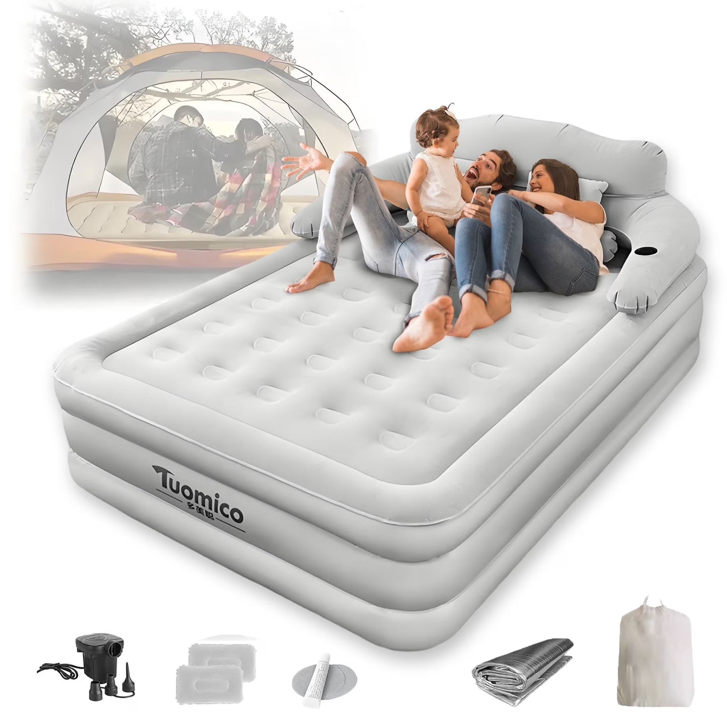 19In Queen Air Mattress, Inflatable Airbed with Pump for Guest Home Camping Travel, 661Lb Max,Coffee