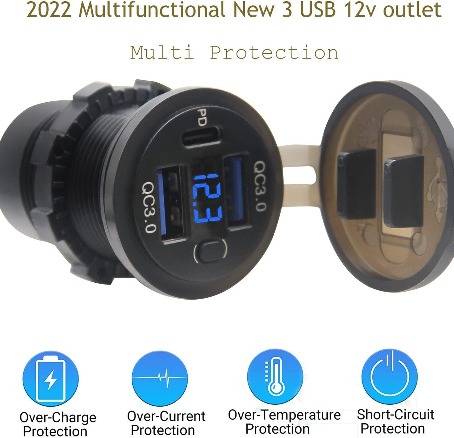 Dual USB Quick Charge 3.0 Port & PD USB C Car Charger Socket, 12V USB Outlet with Voltmeter and Power Switch for Car Boat Marine Truck