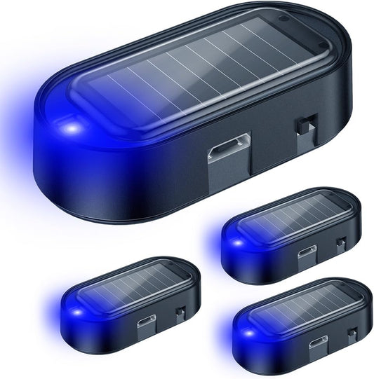 Car Solar Power Simulated Dummy Alarm, Anti-Theft LED Flashing Security Light Fake Car Alarm, Automotive Warning Interior Safety Light with USB Charging Port, Car Accessories(Blue Light, 4PCS)