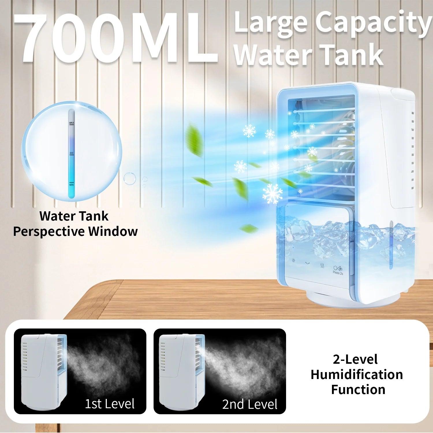 Portable Air Conditioner Fan Desk Fan with 700Ml Water Tank Rechargable 3 Speeds 7 Colors Light 120?Oscillation Small Desktop Personal Cooling Fan for Room Office Car Camping