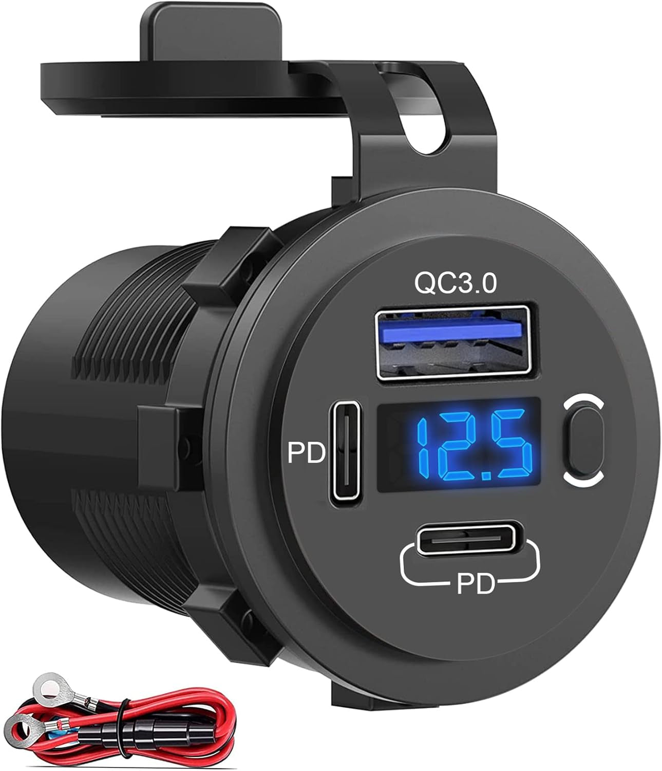Dual USB Quick Charge 3.0 Port & PD USB C Car Charger Socket, 12V USB Outlet with Voltmeter and Power Switch for Car Boat Marine Truck