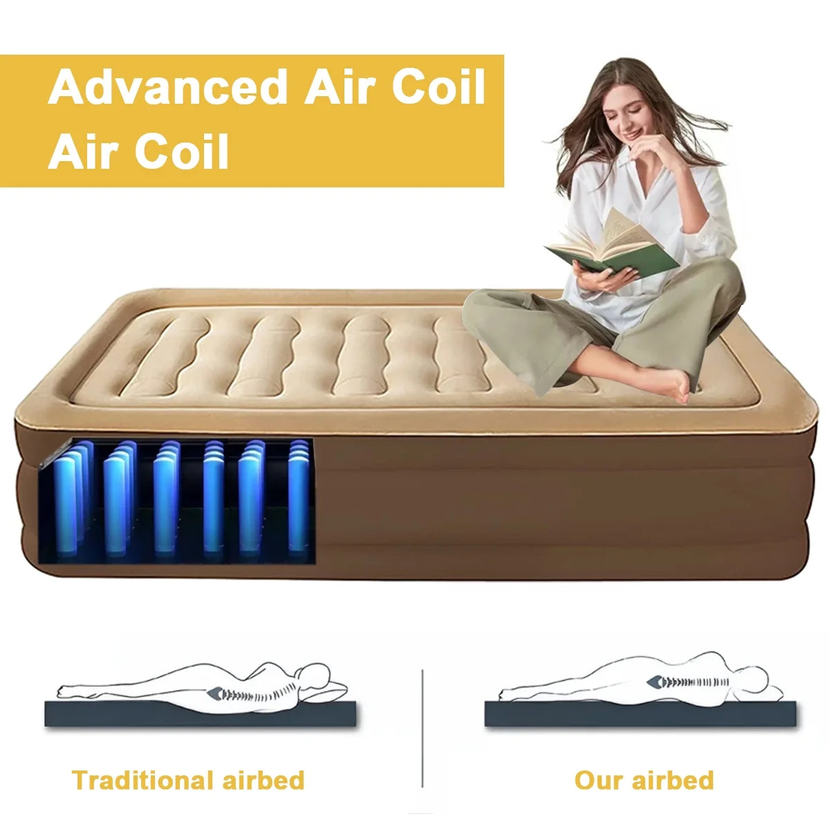 Inflatable Bed Double Leak-Proof Mattress with Electric Pump & Pillows Removable Backrest Multifunctional Foldable Air Sofa Guest Bed, 600Lb Max(Brown, Queen Size)