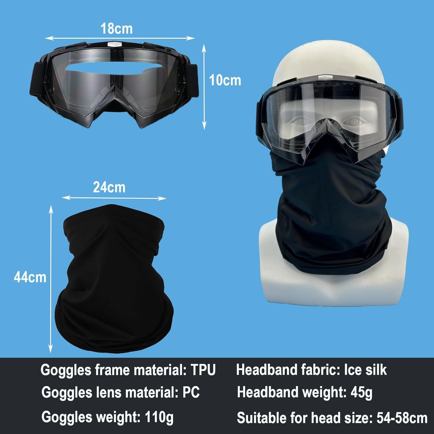 Motorcycle Goggles Dirt Bike ATV Off-Road Riding Motocross Glasses with Sun UV Protection Neck Gaiter Face Cover