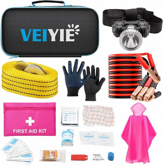 Car Roadside Emergency Kit with Jumper Cables, Car First Aid Kit Emergency Kit for Vehicles, Car Safety Roadside Assistance Kit Headlamp, Tow Straps, Gloves, Essential Car Accessories for Men, Women