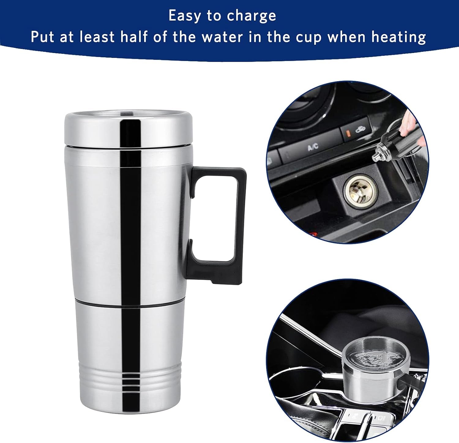 300Ml Car Electric Tea Kettle, 12V Stainless Steel Electric In-Car Travel Heating Cup Car Water Heater Travel Portable Heating Cup with Lid for Most Car Cup Holders, 6.5X19.5Cm