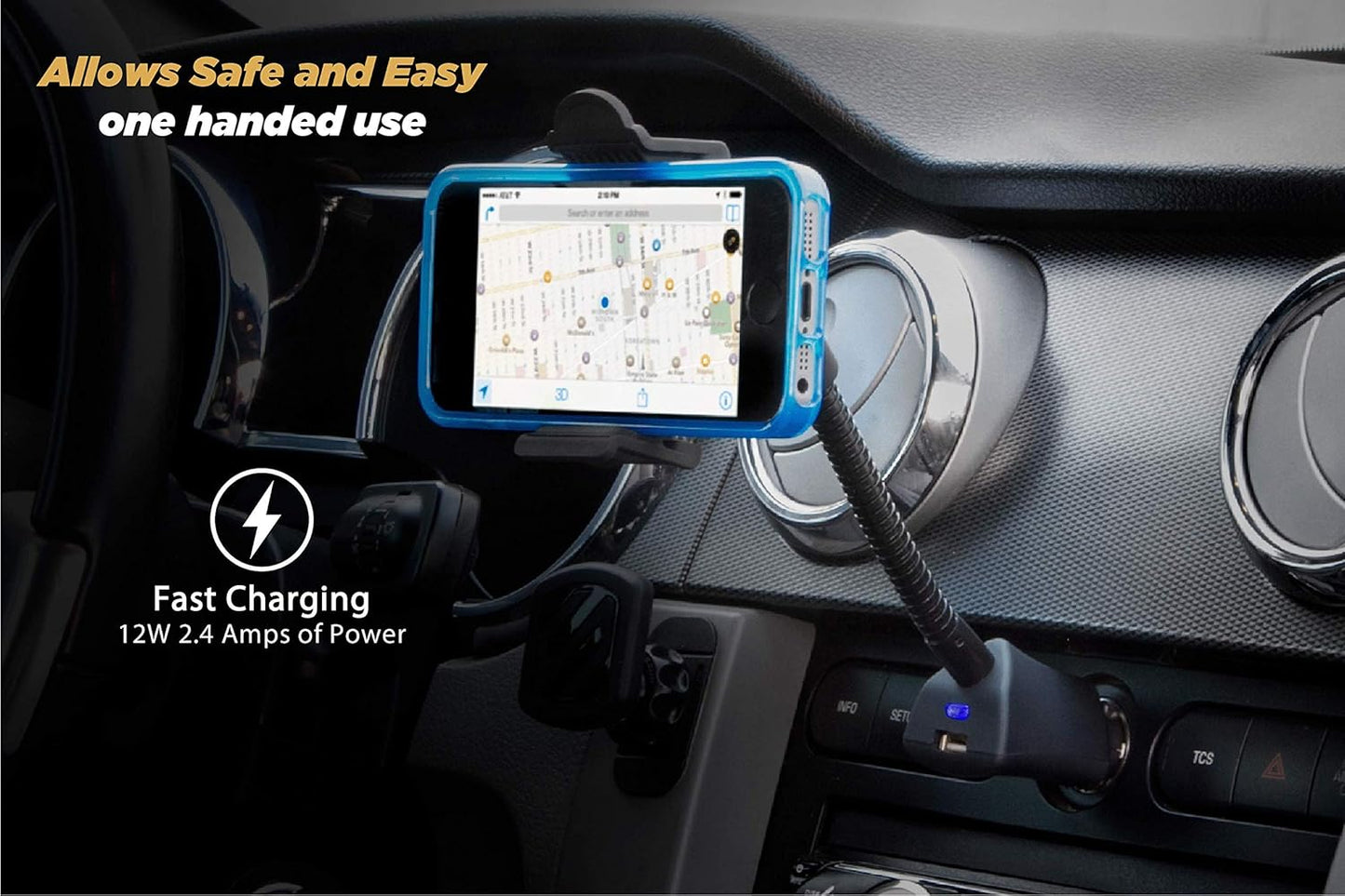 H12VFXM Powermount Phone Mount for Car | 12V Charger for Vehicle'S Power Port | 7.5 Watts | Flexible Mount Arm| Black