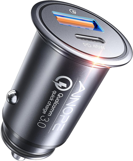 67.5W Super Mini Car Charger USB C 45W PD&QC 3.0 Fast Charging, All Metal Cigarette Lighter Adapter Car Charger Adapter Outlet for Iphone 17 Pro Max Air 16 15 14 13, Samsung Galaxy S25,Android