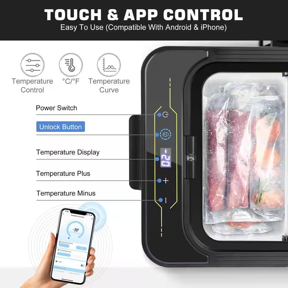 Blcak 40 Qt. Portable Car Cooler with APP Control, Handle and Wheels for Camping, Travel, RV, Truck, Boat and Home Use