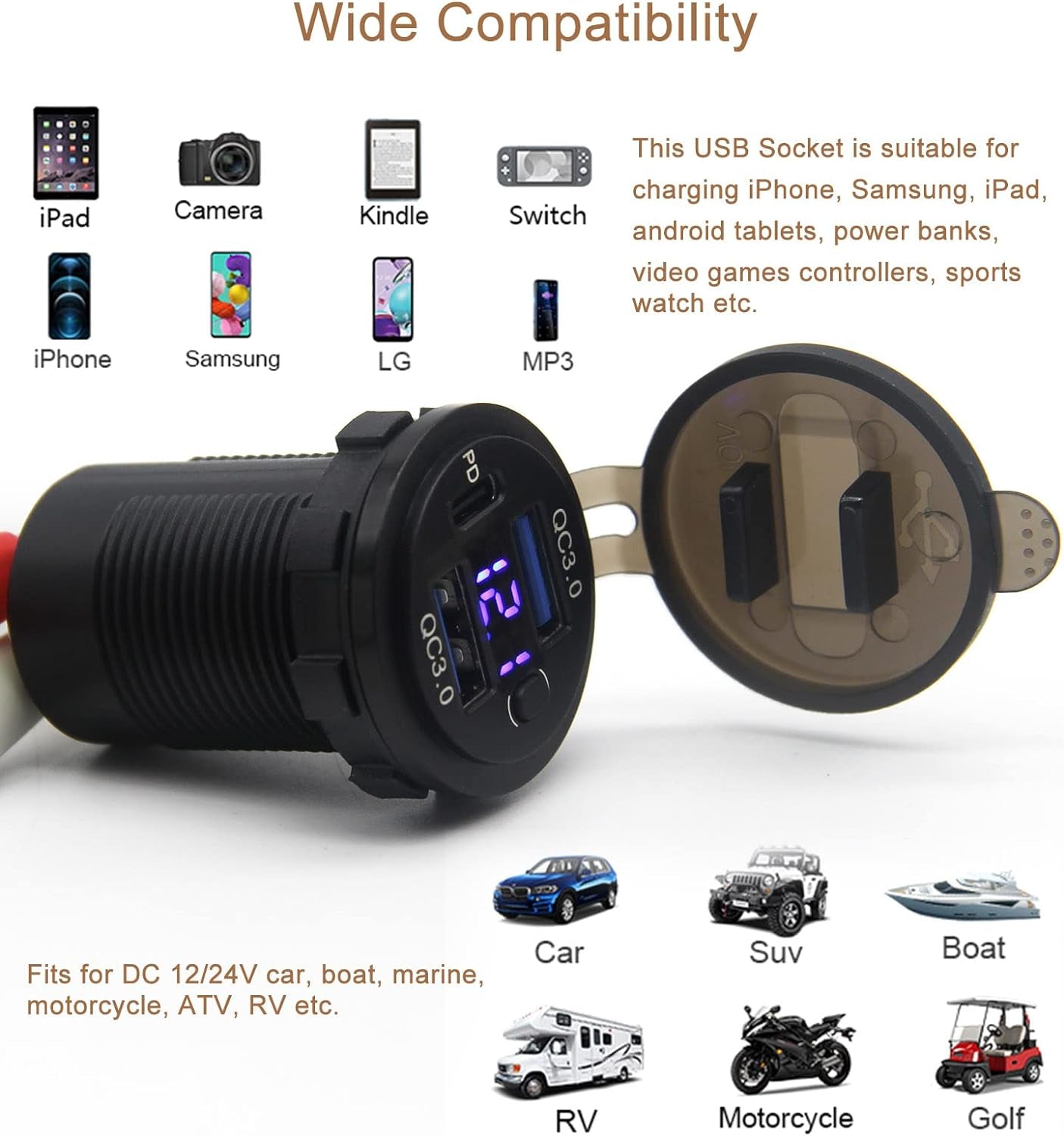 Dual USB Quick Charge 3.0 Port & PD USB C Car Charger Socket, 12V USB Outlet with Voltmeter and Power Switch for Car Boat Marine Truck
