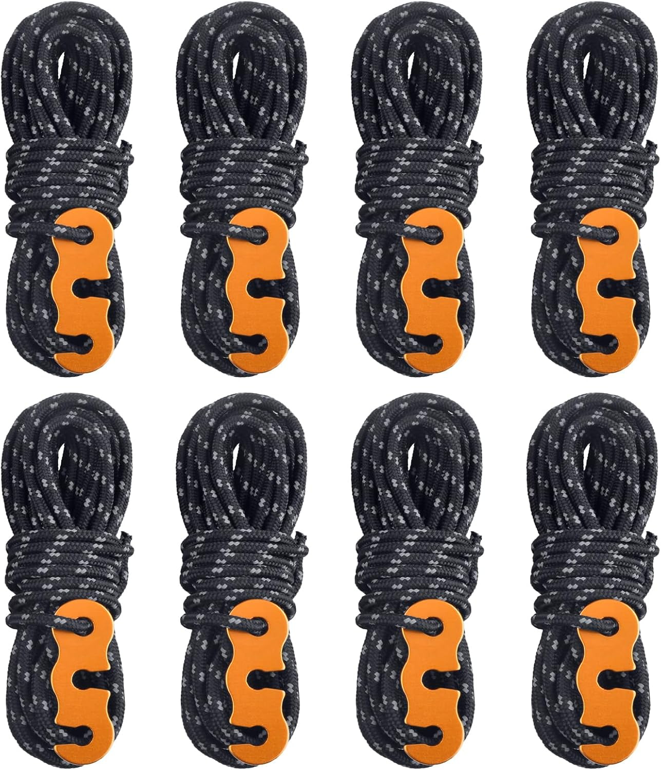 Reflective Guyline, Tent Cord Nylon Paracord Rope with Guyline Adjuster for Camping Tent, Outdoor Packaging (Black - 4 Pack)