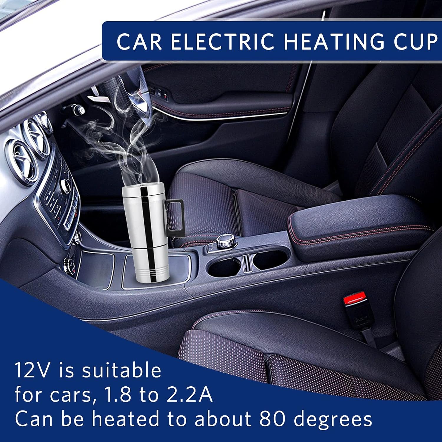 300Ml Car Electric Tea Kettle, 12V Stainless Steel Electric In-Car Travel Heating Cup Car Water Heater Travel Portable Heating Cup with Lid for Most Car Cup Holders, 6.5X19.5Cm