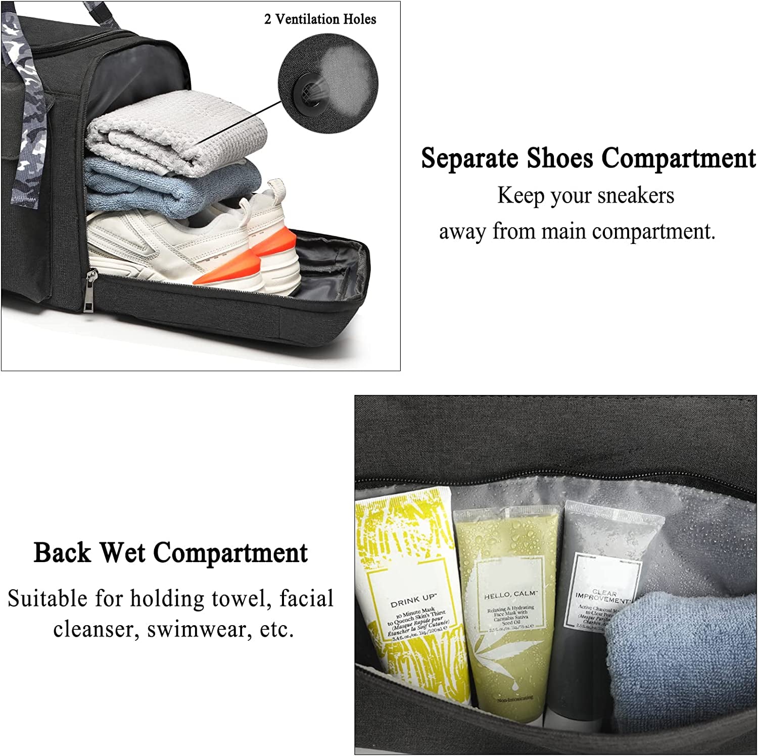 Gym Bags for Men Gym Duffle Bag Backpack 3-Way Sports Duffel Bags for Men with Shoe Compartment & Wet Pocket（Black）