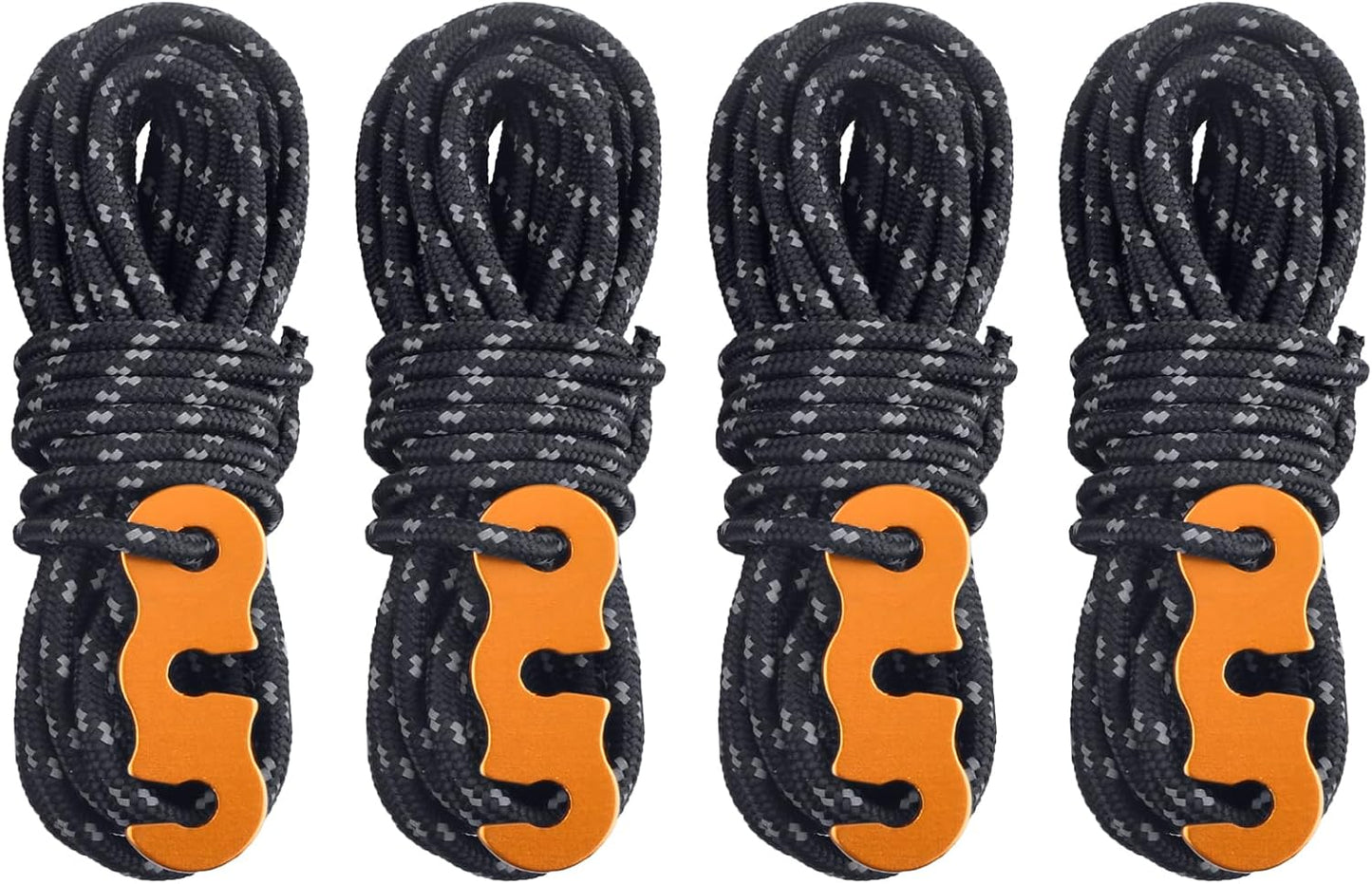 Reflective Guyline, Tent Cord Nylon Paracord Rope with Guyline Adjuster for Camping Tent, Outdoor Packaging (Black - 4 Pack)