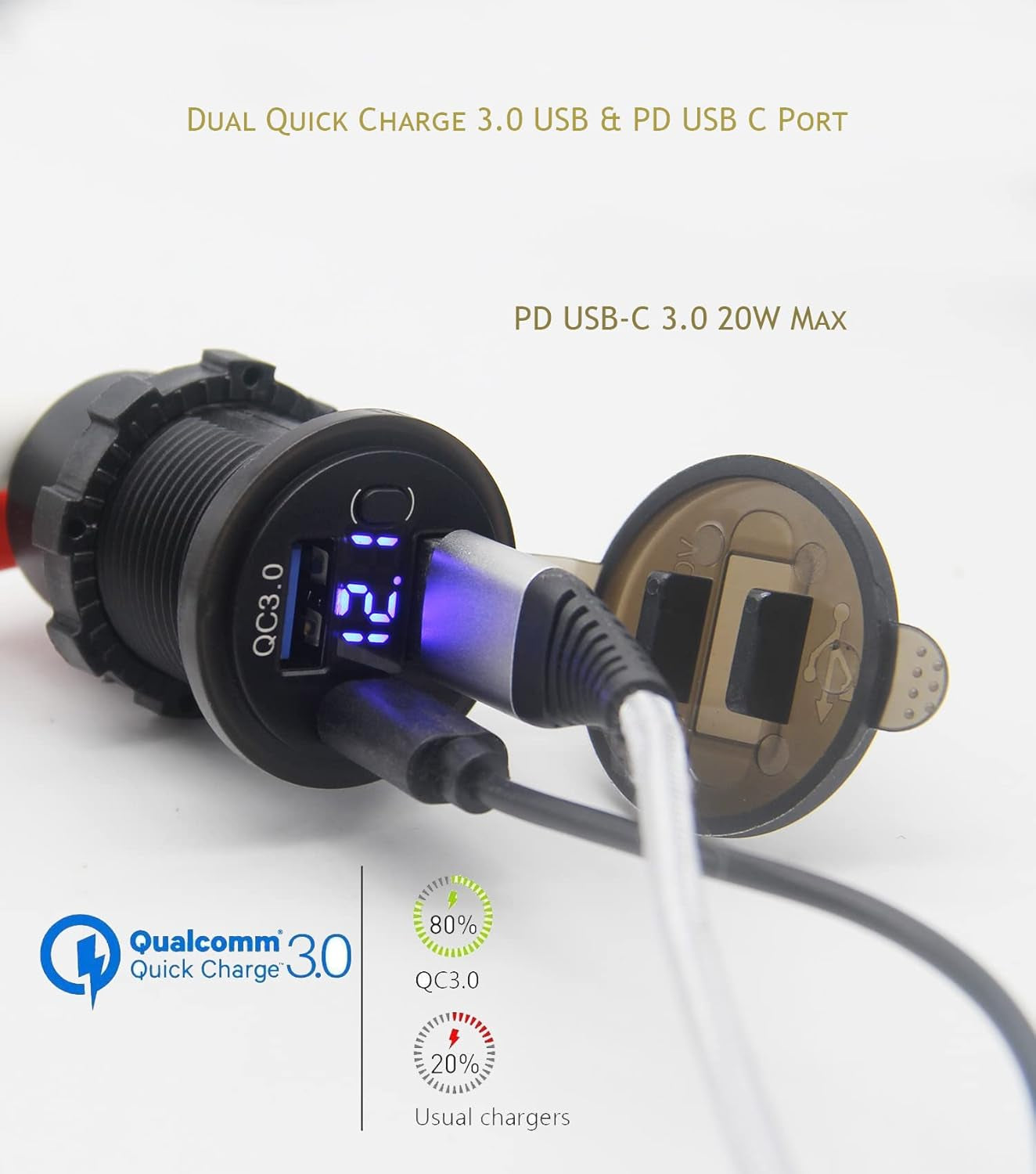 Dual USB Quick Charge 3.0 Port & PD USB C Car Charger Socket, 12V USB Outlet with Voltmeter and Power Switch for Car Boat Marine Truck