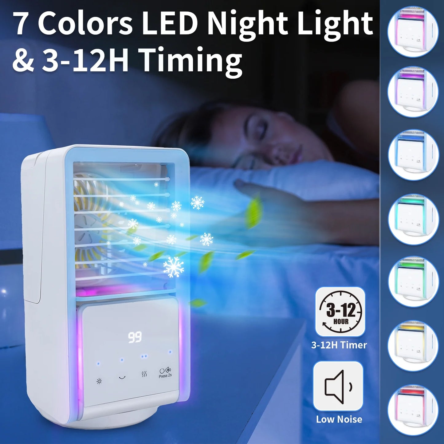 Portable Air Conditioner Fan Desk Fan with 700Ml Water Tank Rechargable 3 Speeds 7 Colors Light 120?Oscillation Small Desktop Personal Cooling Fan for Room Office Car Camping