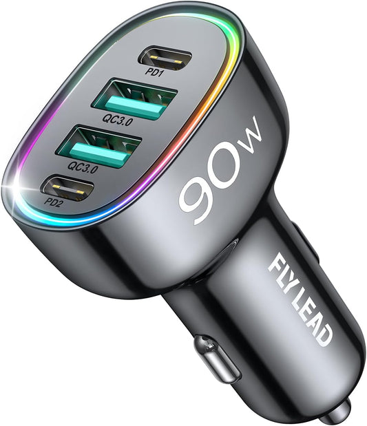 Car Charger USB C 90W 4-Port Car Phone Charger Compatible with Iphone 17/16/15/14/13/12 Pro Max plus [A Must for Family Travel] Super Fast Charging Cigarette Lighter Adapter Port