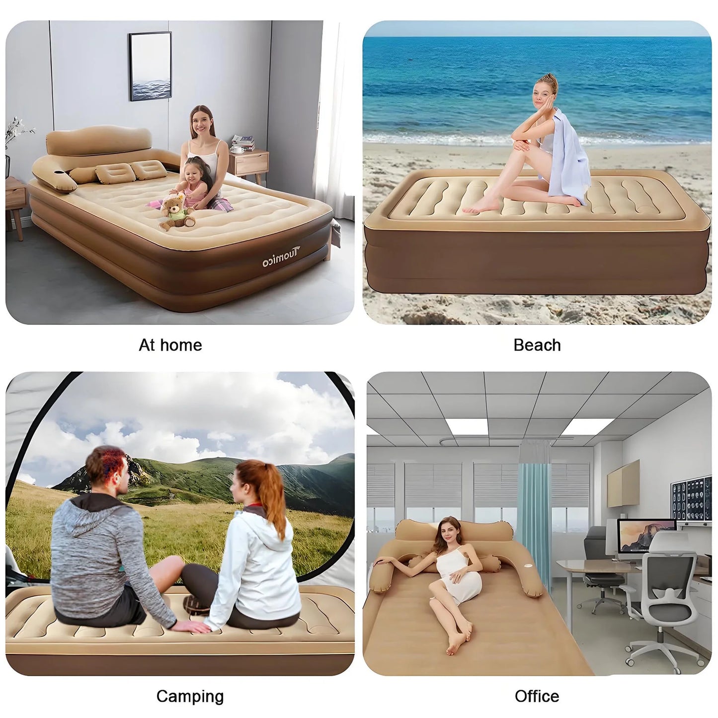 19In Queen Air Mattress, Inflatable Airbed with Pump for Guest Home Camping Travel, 661Lb Max,Coffee